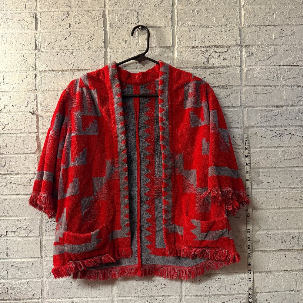 Vintage Red & Gray Towel Cardigan | Upcycled Aztec Fringe Jacket | Boho Southwes